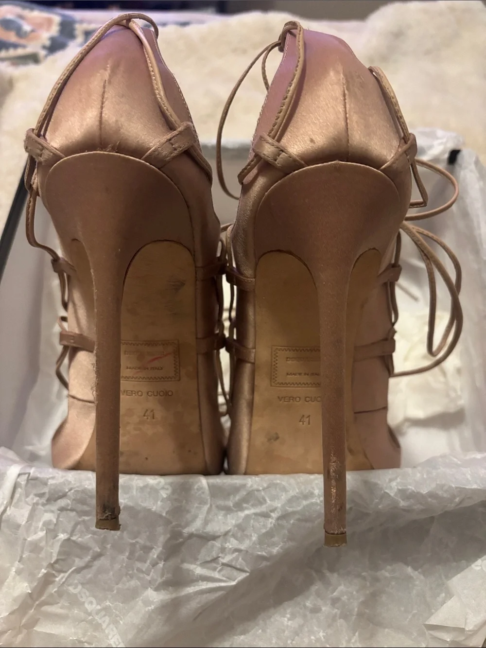 DSQUARED2 Satin Lace-Up Stiletto Sandals in Rose Gold - Picture 3 of 4